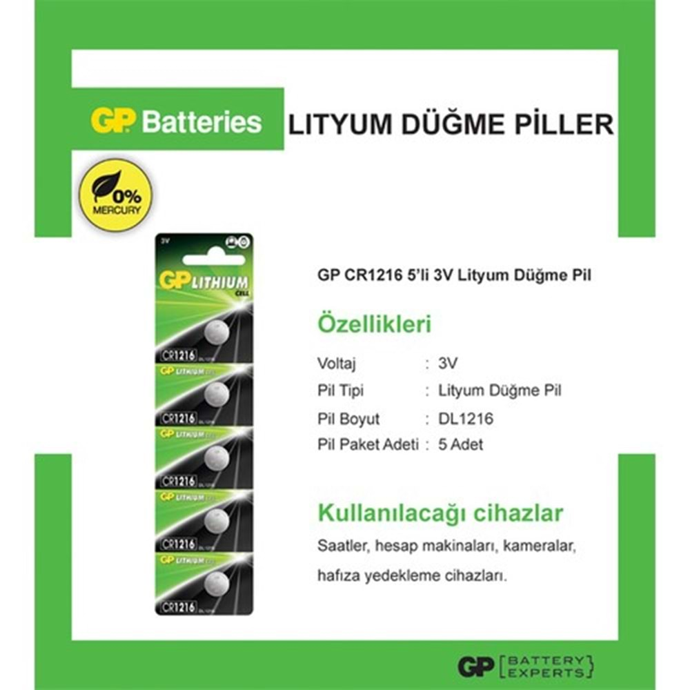 GP 5'li CR1216 3V Lityum Düğme Pil