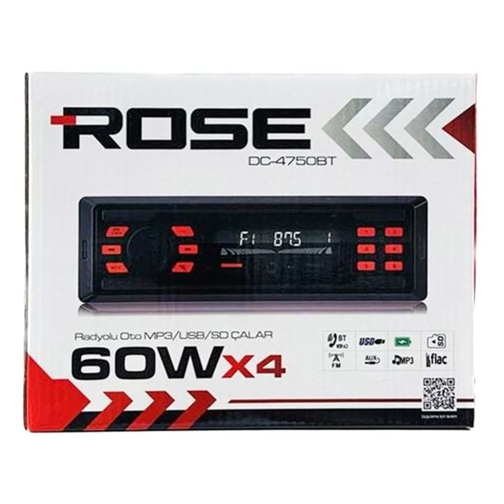 Rose DC-4750BT 60W X 4 Bluetooth, TF Card, Aux, USB, Oto Teyp