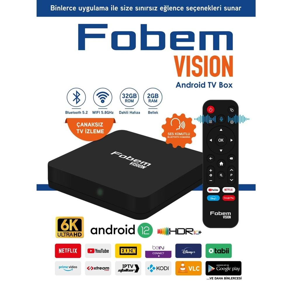 FOBEM VISION ANDROİD BOX 2GB Ram 32GB REM ANDROİD 12 Ses Komutlu Akılı Kumanda