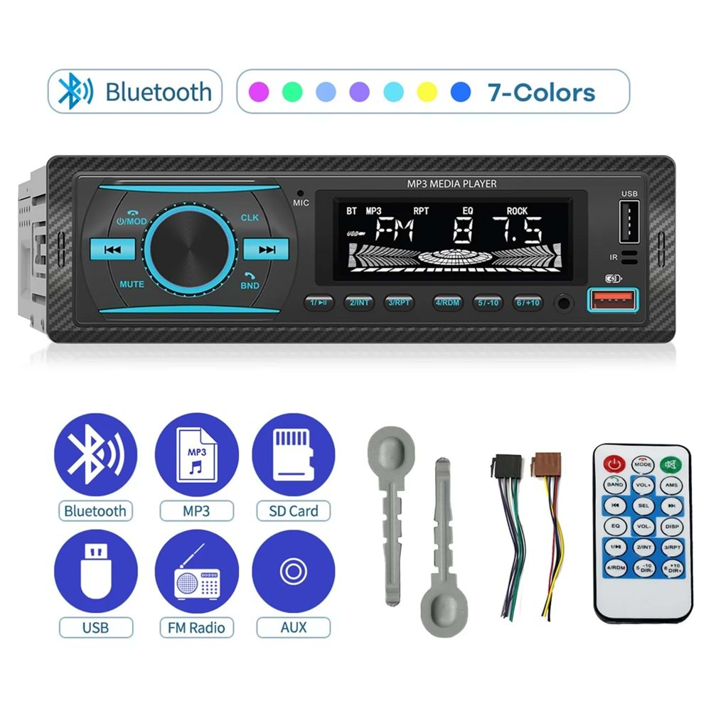 PREMIO KAC38 RGB 7 RENKLİ ÇİFT USB/SD/FM/AUX/BLUETOOTH KUMANDALI MEKANİKSİZ OTO TEYP 4X55 WATT