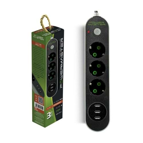 AKIM KORUMALI PRİZ 3 USB ÇIKIŞLI 3'LÜ 2 METRE KABLOLU 10A-2500 WATT