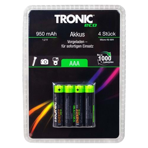 TRONIC ECO 950 MAH ŞARJLI AAA İNCE KALEM PİL 4'LÜ PAKET