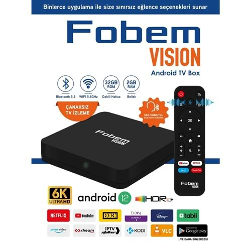 FOBEM VISION ANDROİD BOX 2GB Ram 32GB REM ANDROİD 12 Ses Komutlu Akılı Kumanda