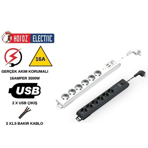 HOROZ 6 LI ÇİFT USB AKIM KORUMALI 1.5M 16A 3X1.5 KABLO TAM BAKIR